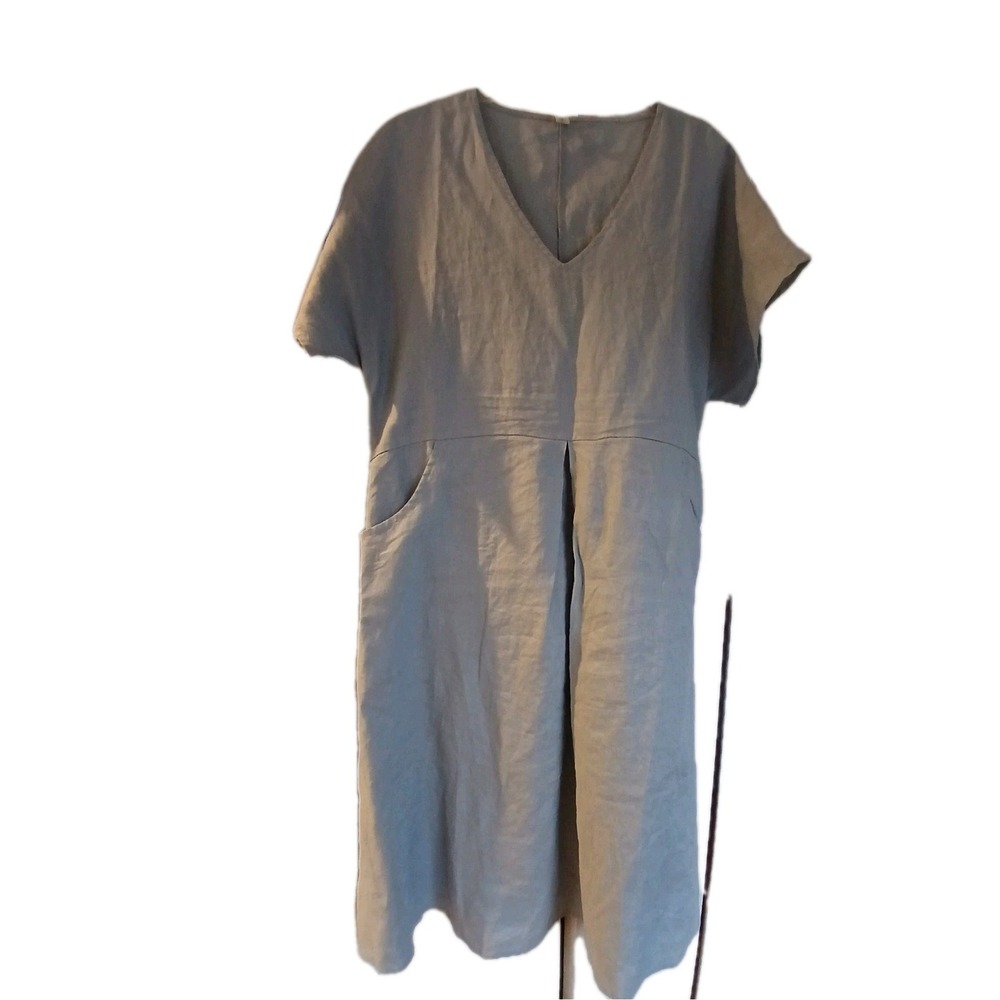 Grae Cove  Linen Midi Dress Pockets V-Neck Short Sleeve Coastal Lagenlook XL